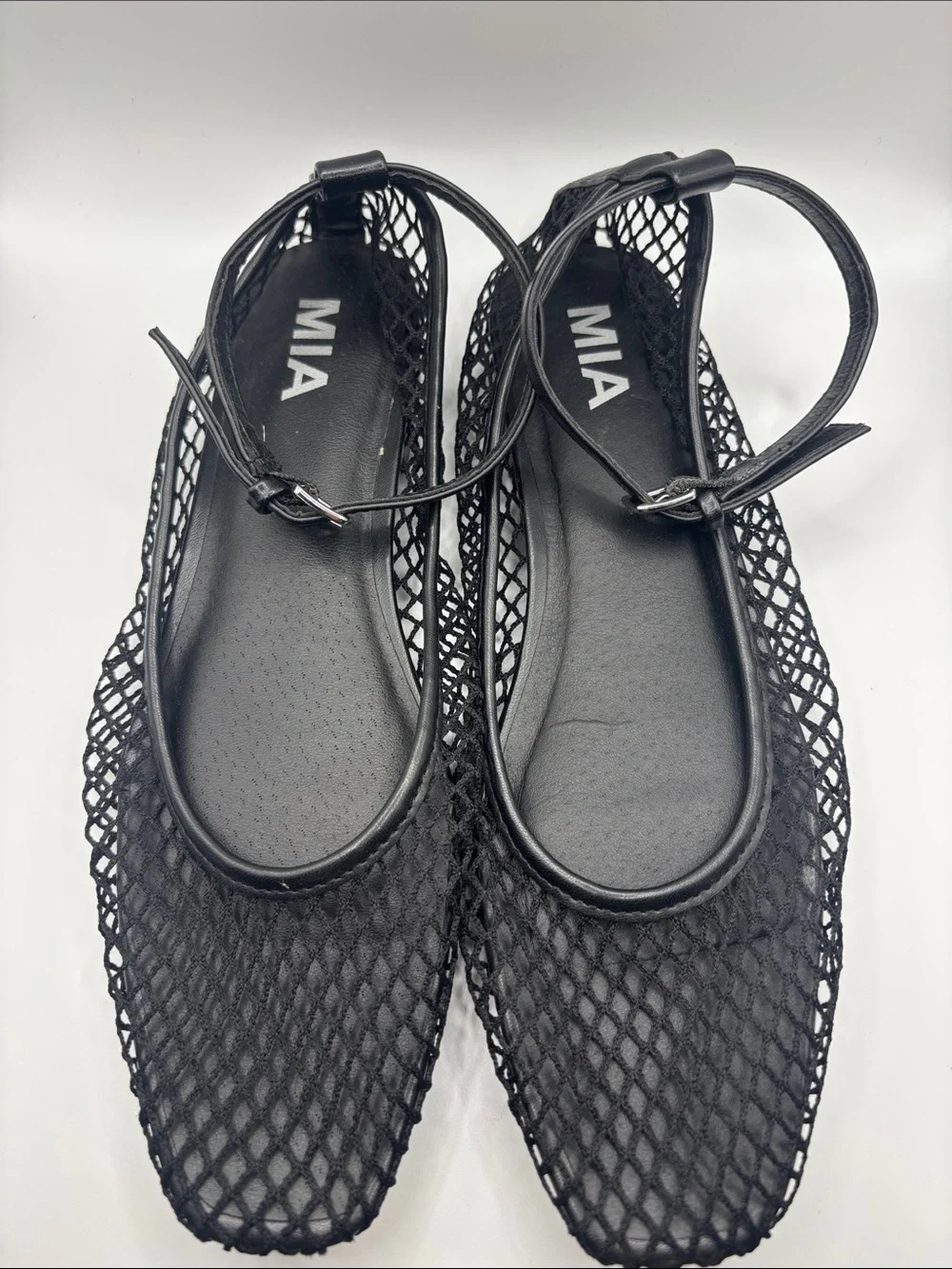 MIA Black Mesh Square Toe Ankle-Strap Ballet Flats